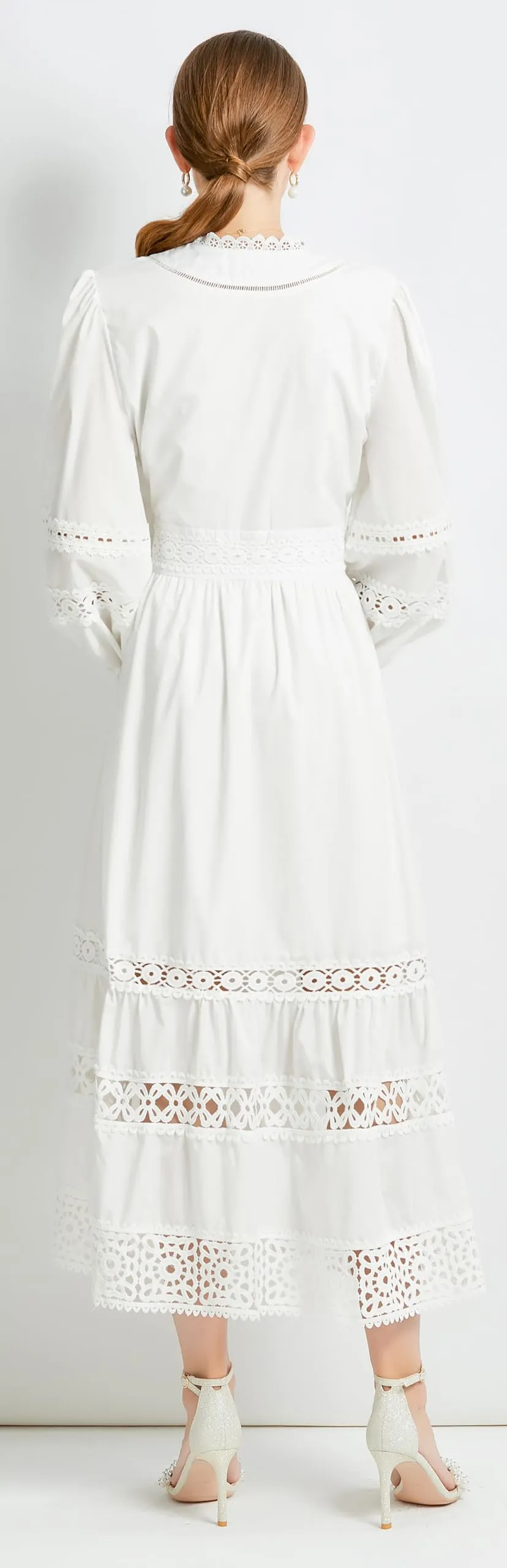 Womens Hollow Buttons Puffy Sleeves Midi Dress