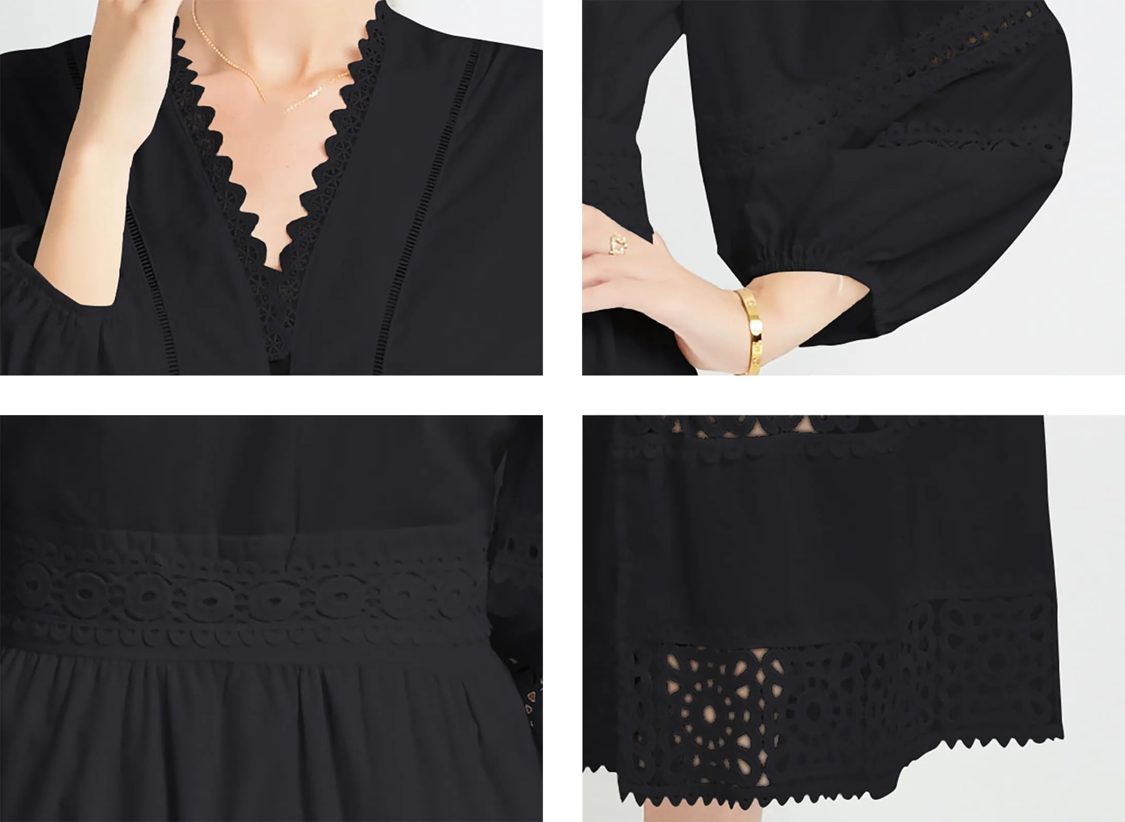 Womens Hollow Buttons Puffy Sleeves Midi Dress