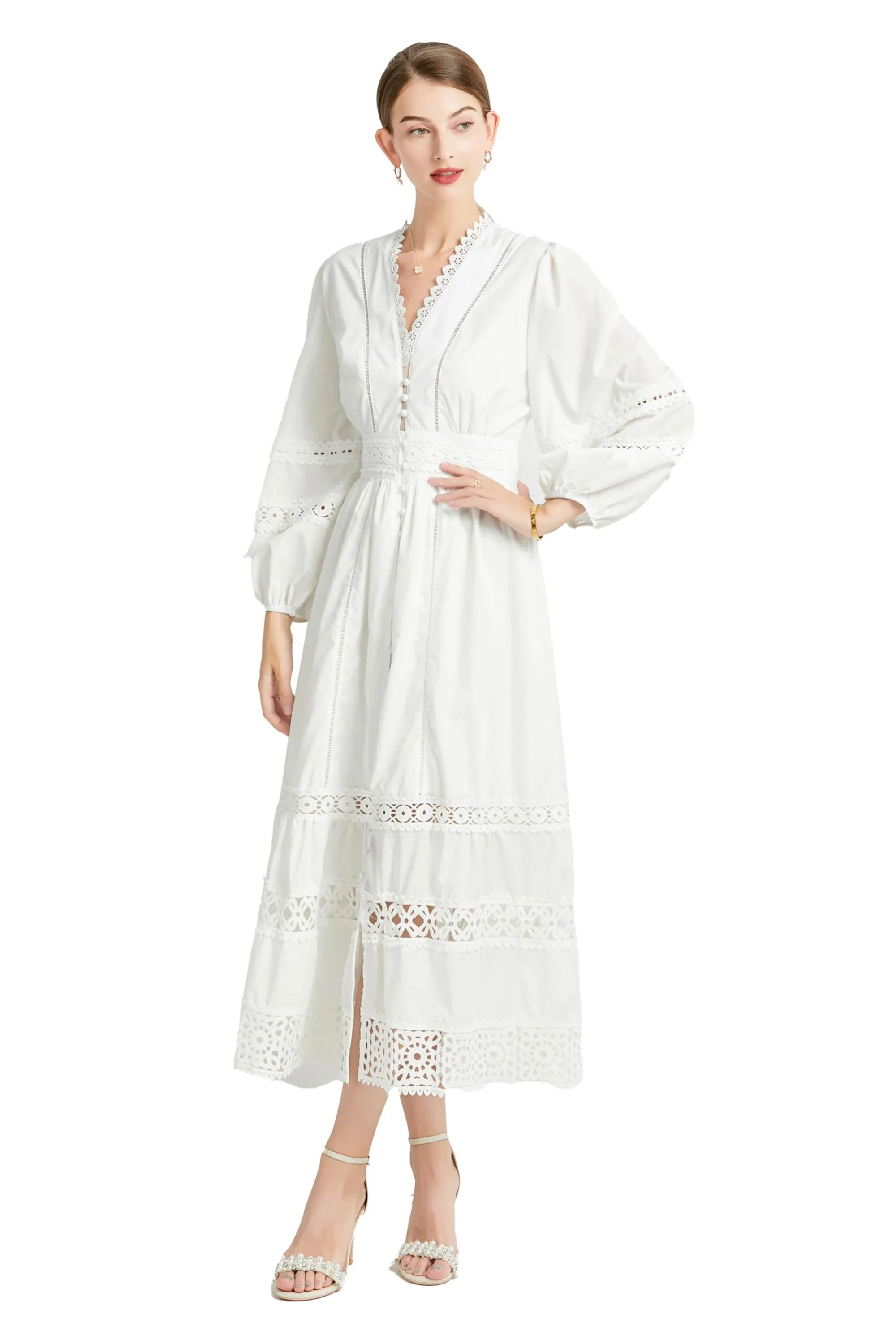 Womens Hollow Buttons Puffy Sleeves Midi Dress