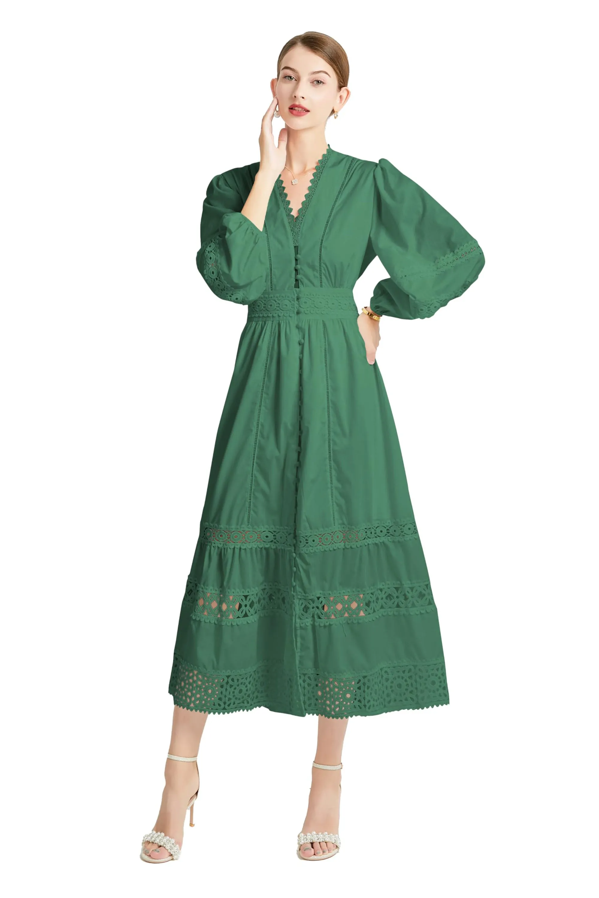 Womens Hollow Buttons Puffy Sleeves Midi Dress