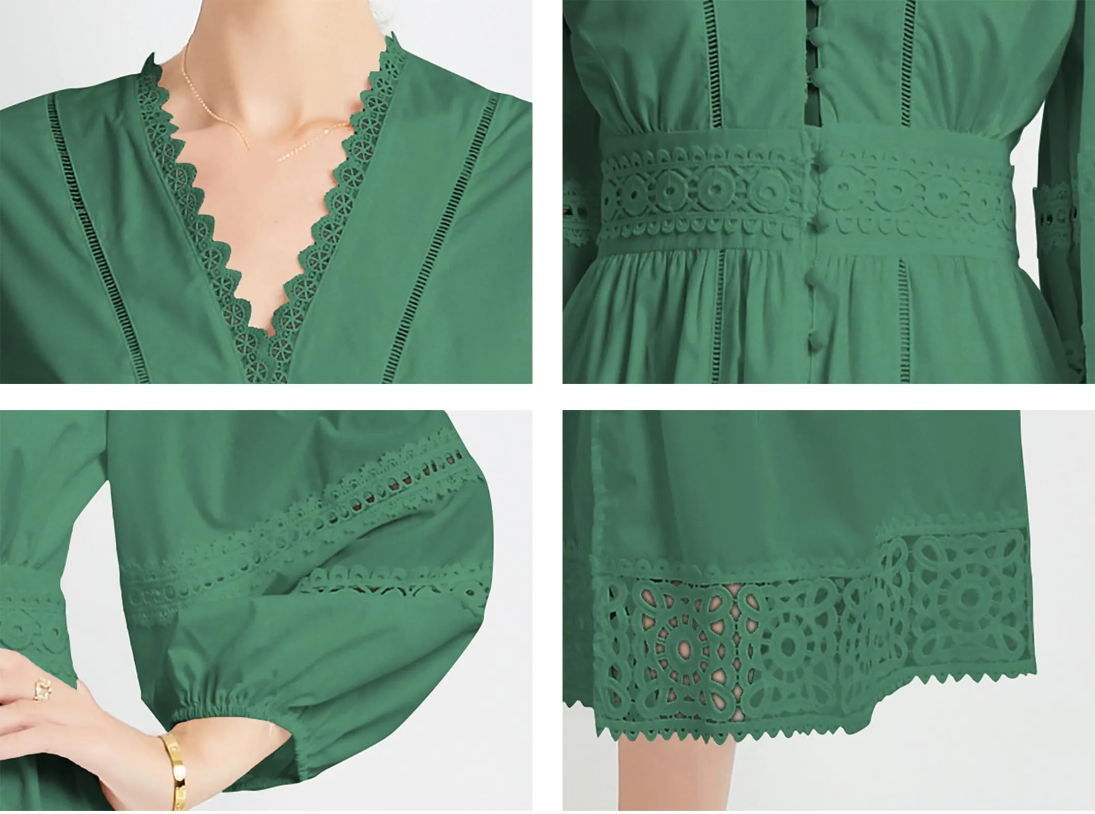 Womens Hollow Buttons Puffy Sleeves Midi Dress