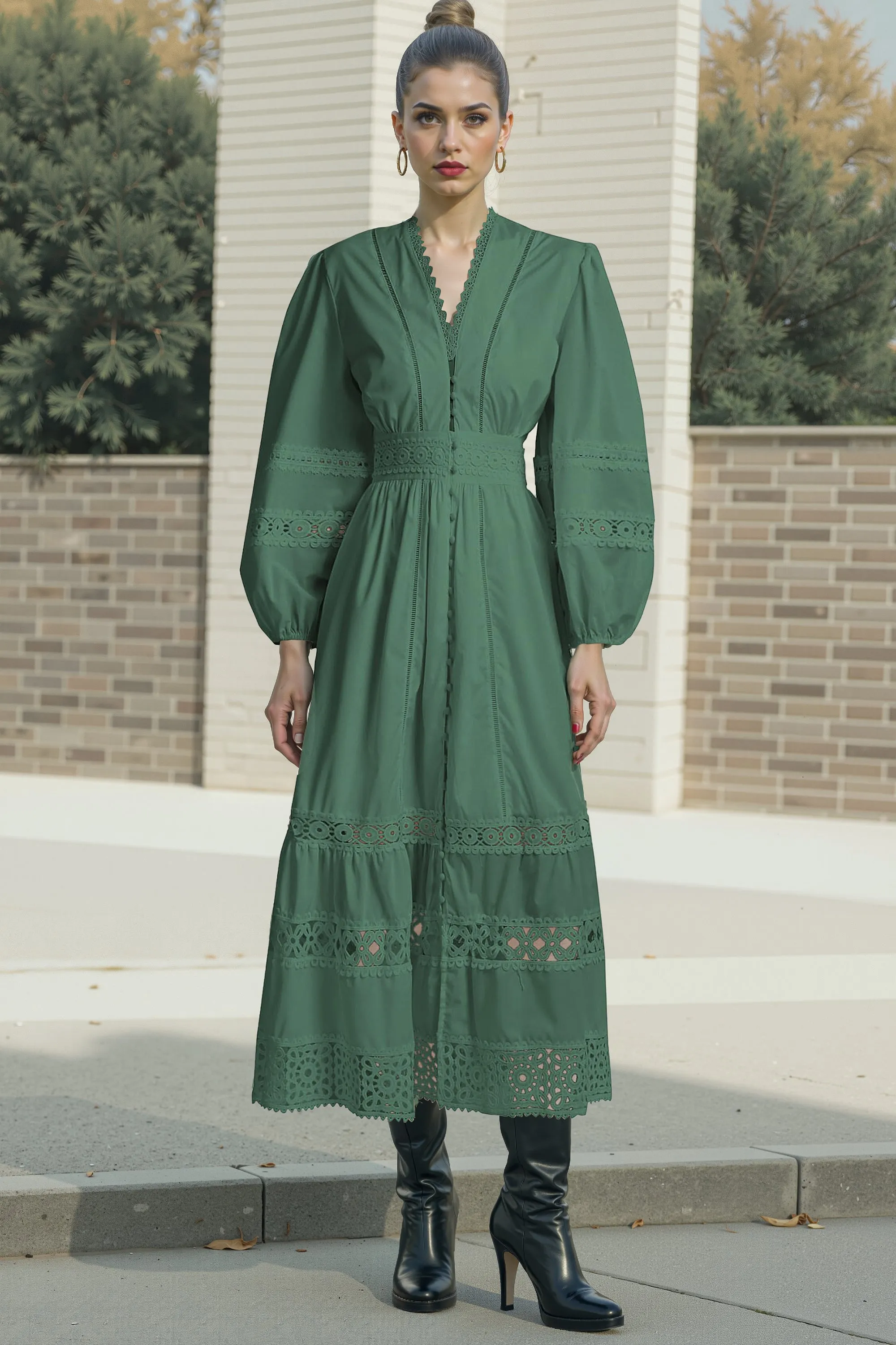 Womens Hollow Buttons Puffy Sleeves Midi Dress