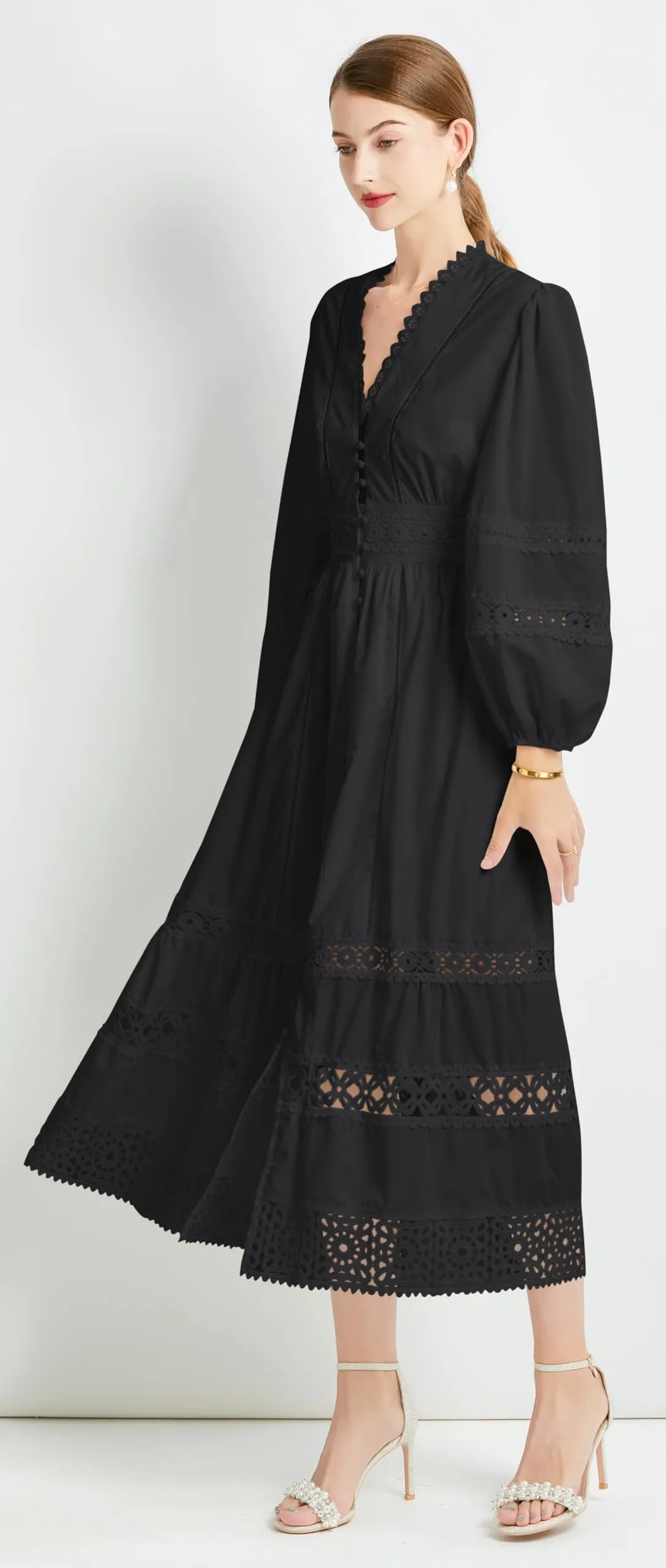 Womens Hollow Buttons Puffy Sleeves Midi Dress