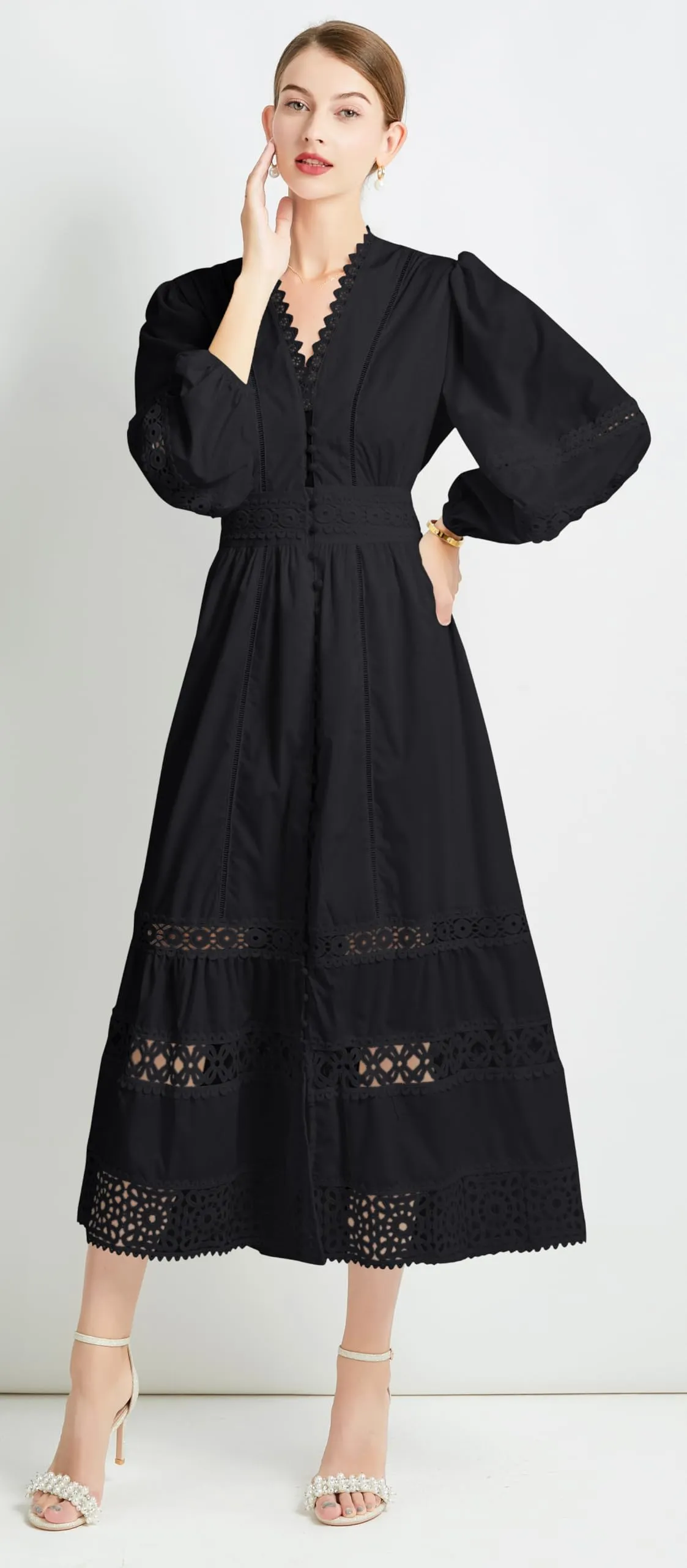 Womens Hollow Buttons Puffy Sleeves Midi Dress