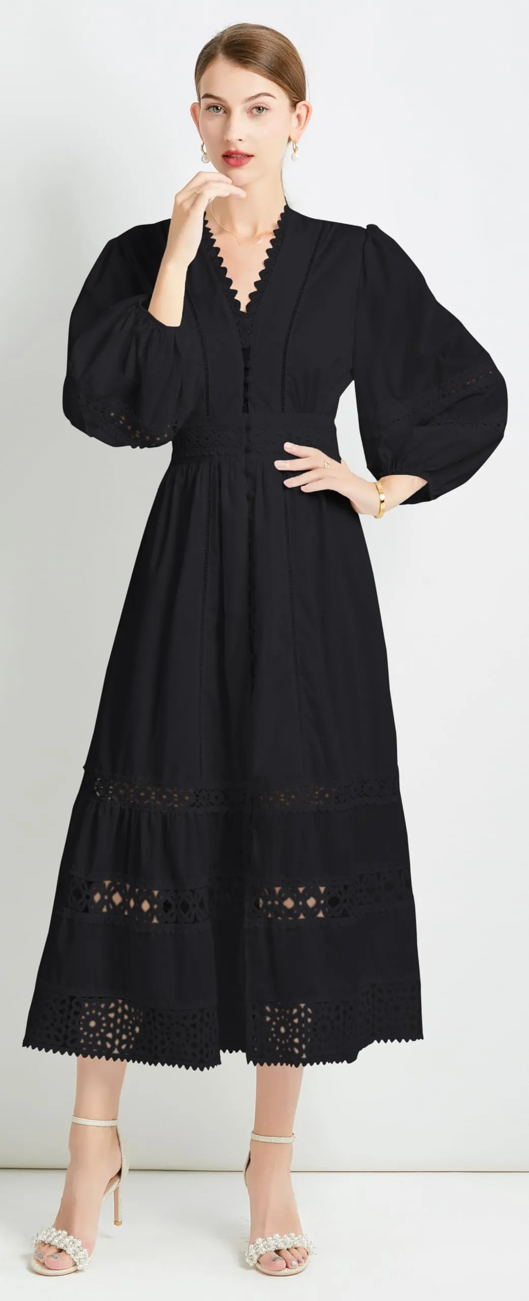 Womens Hollow Buttons Puffy Sleeves Midi Dress