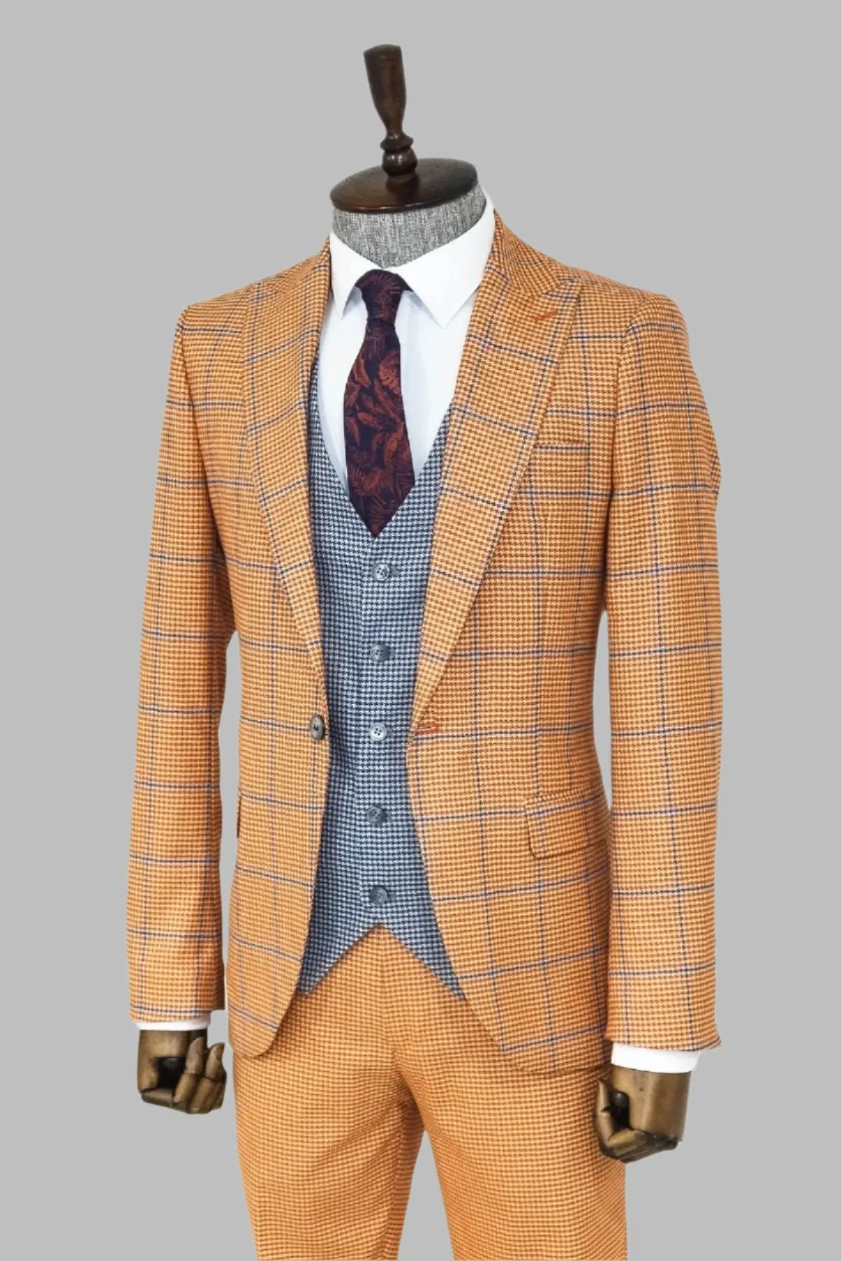 WSS Checked Patterned Slim Fit Orange Men Suit  - Singen